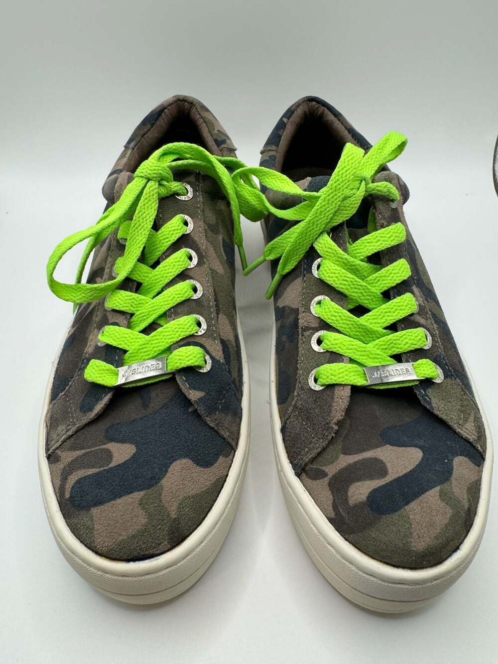 J/Slides NYC Hilton Camo Suede Platform Sneaker with Neon Green Laces 7.5